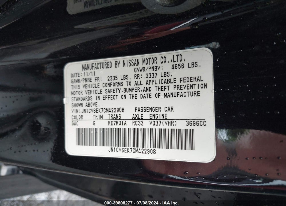 2012 INFINITI G37 IPL VIN: JN1CV6EK7CM422908