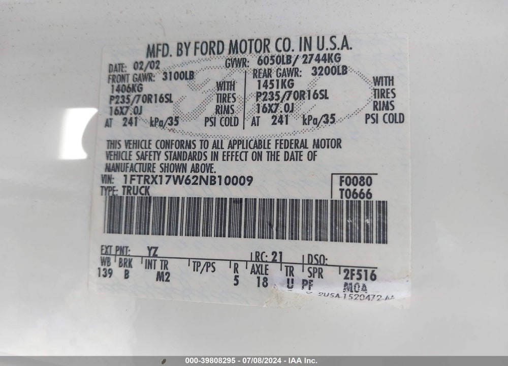 2002 FORD F-150 LARIAT/XL/XLT VIN: 1FTRX17W62NB10009