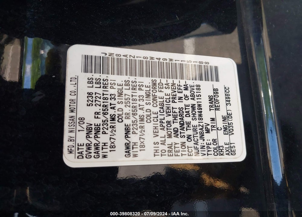 2009 NISSAN MURANO SL VIN: JN8AZ18W49W115188