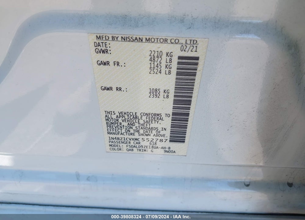 2021 NISSAN LEAF SV PLUS 62 KWH VIN: 1N4BZ1CVXMC552787