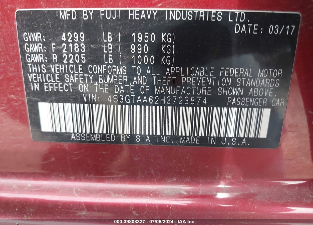 2017 SUBARU IMPREZA 2.0I VIN: 4S3GTAA62H3723874