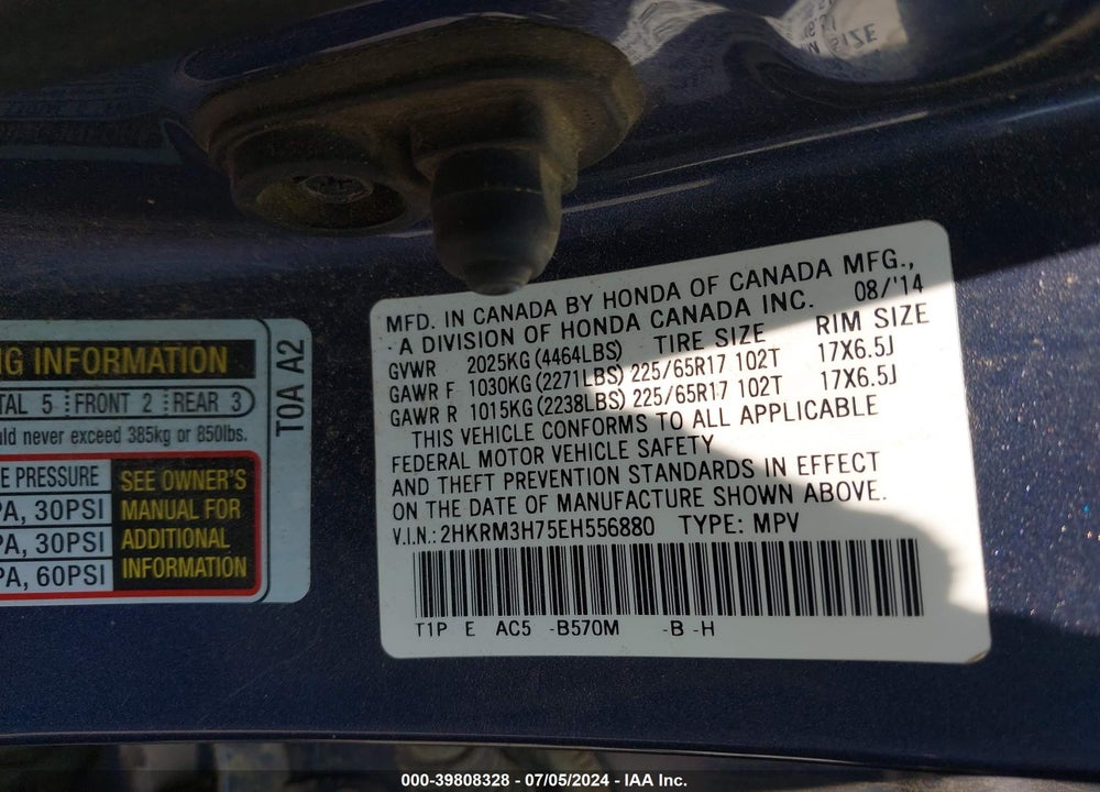 2014 HONDA CR-V EX-L VIN: 2HKRM3H75EH556880