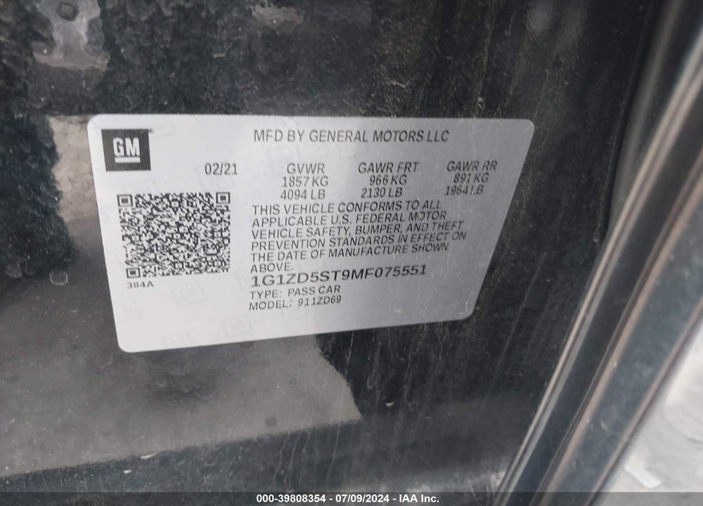 2021 CHEVROLET MALIBU FWD LT VIN: 1G1ZD5ST9MF075551