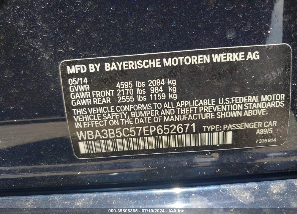 2014 BMW 328I XDRIVE VIN: WBA3B5C57EP652671