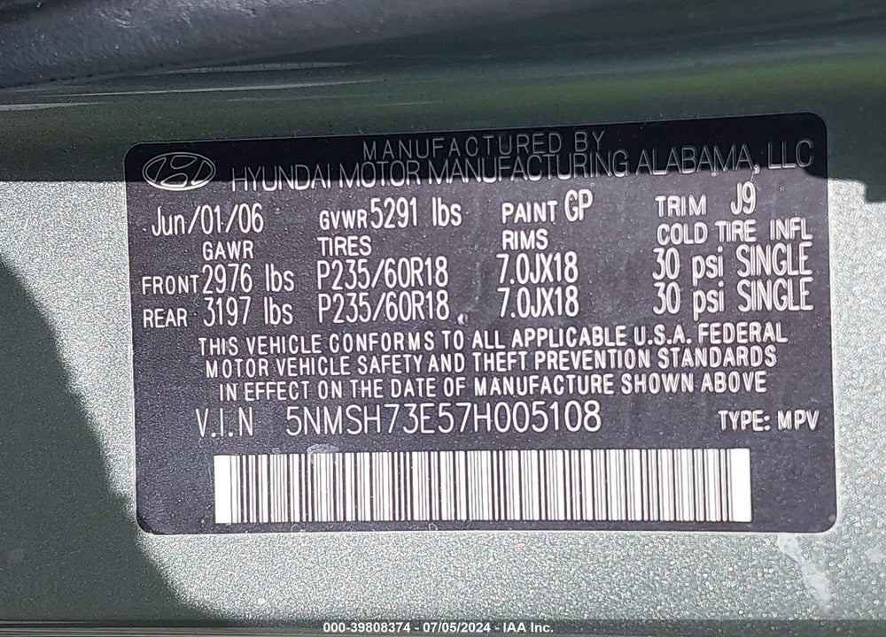 2007 HYUNDAI SANTA FE LIMITED/SE VIN: 5NMSH73E57H005108