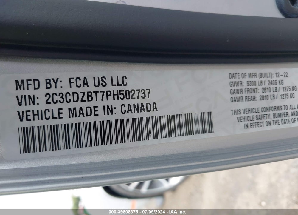 2023 DODGE CHALLENGER R/T VIN: 2C3CDZBT7PH502737
