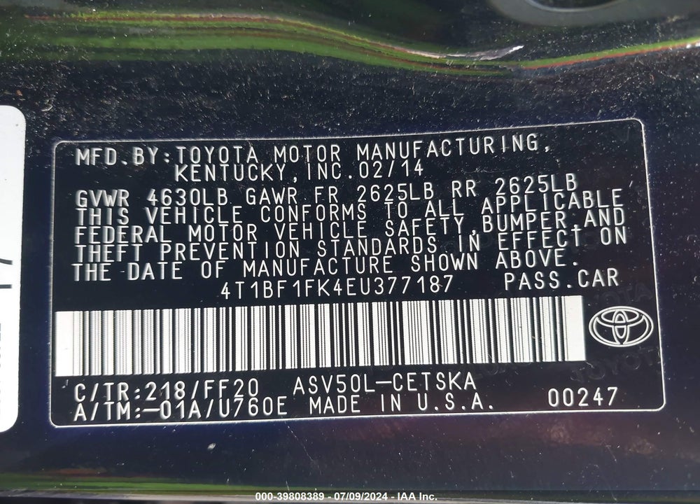 2014 TOYOTA CAMRY SE VIN: 4T1BF1FK4EU377187