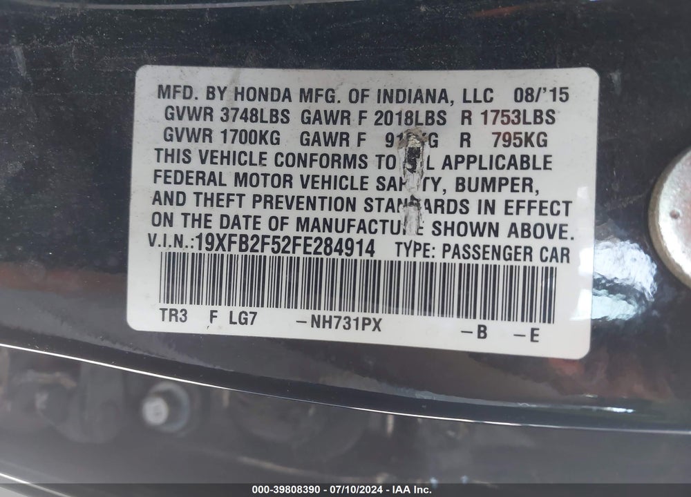 2015 HONDA CIVIC LX VIN: 19XFB2F52FE284914