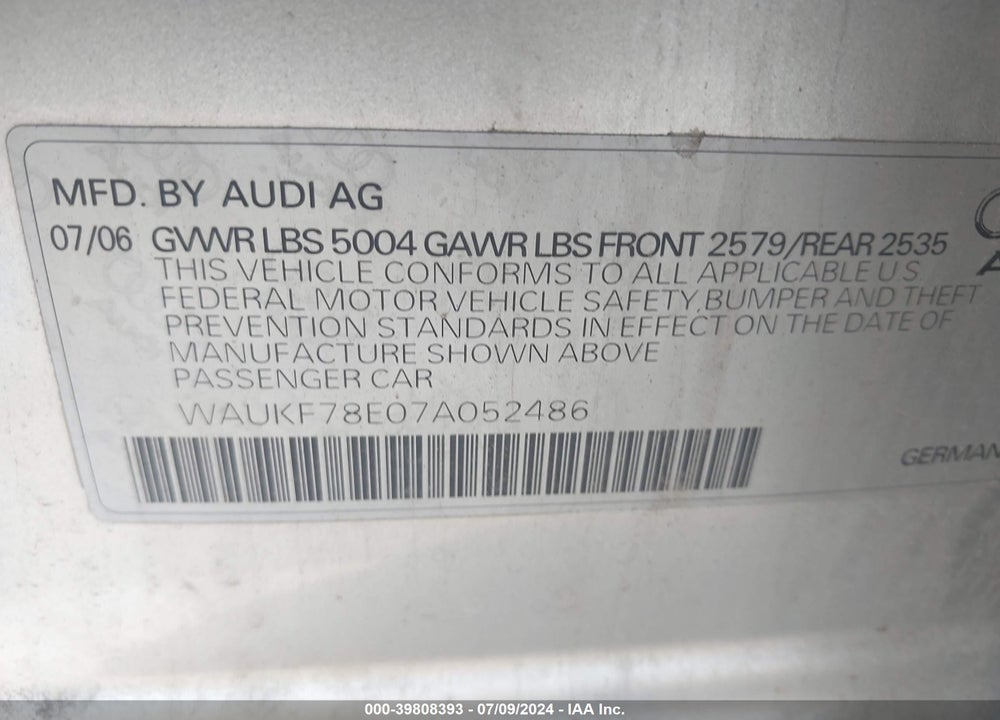 2007 AUDI A4 2.0T AVANT VIN: WAUKF78E07A052486
