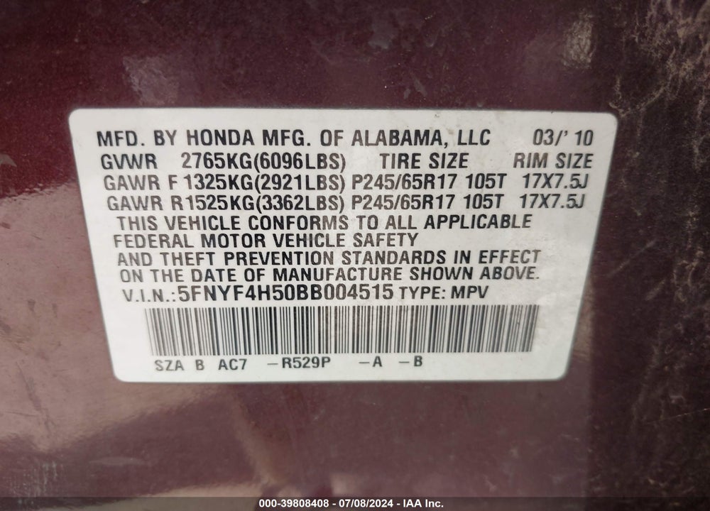 2011 HONDA PILOT EX-L VIN: 5FNYF4H50BB004515