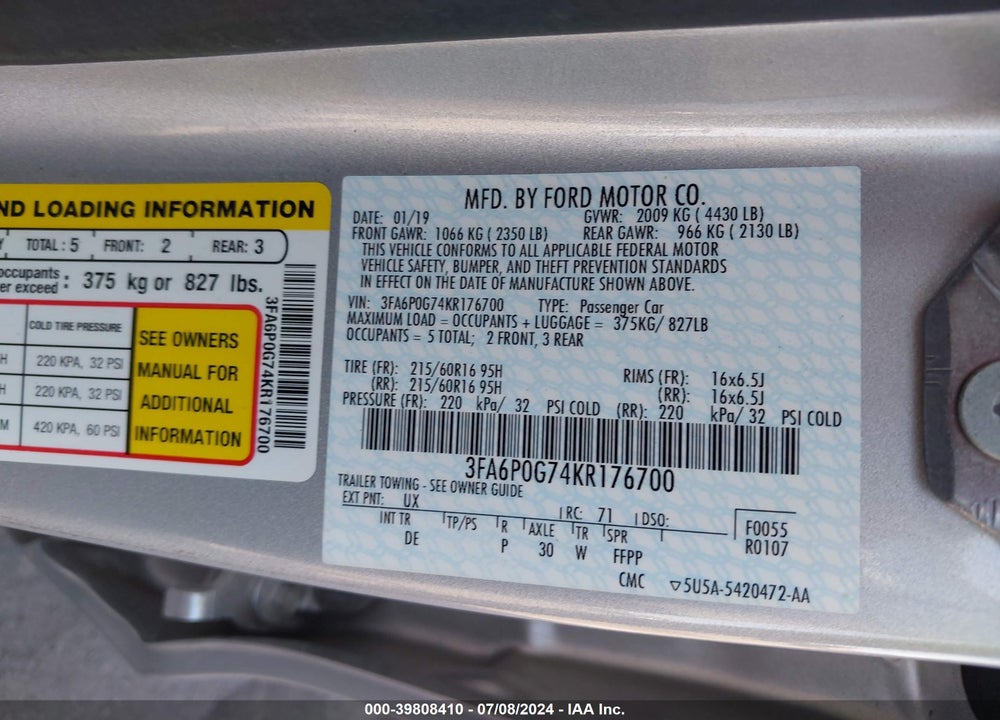 2019 FORD FUSION S VIN: 3FA6P0G74KR176700