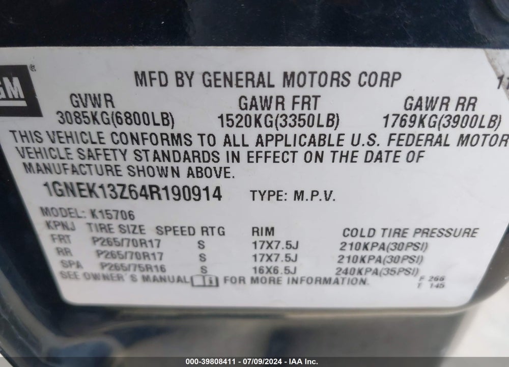 2004 CHEVROLET TAHOE Z71 VIN: 1GNEK13Z64R190914