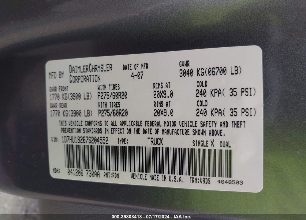 2007 DODGE RAM 1500 SLT/TRX4 OFF ROAD/SPORT VIN: 1D7HU18267S204552