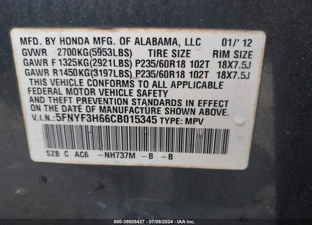 2012 HONDA PILOT EX-L VIN: 5FNYF3H66CB015345