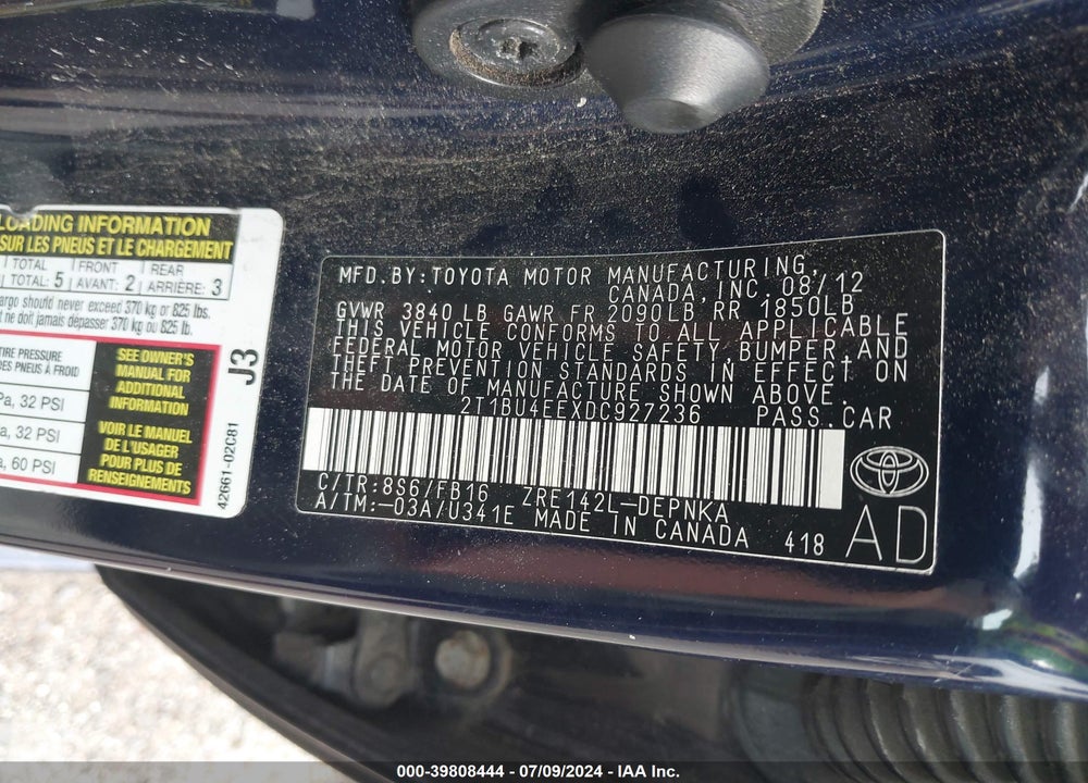 2013 TOYOTA COROLLA LE VIN: 2T1BU4EEXDC927236
