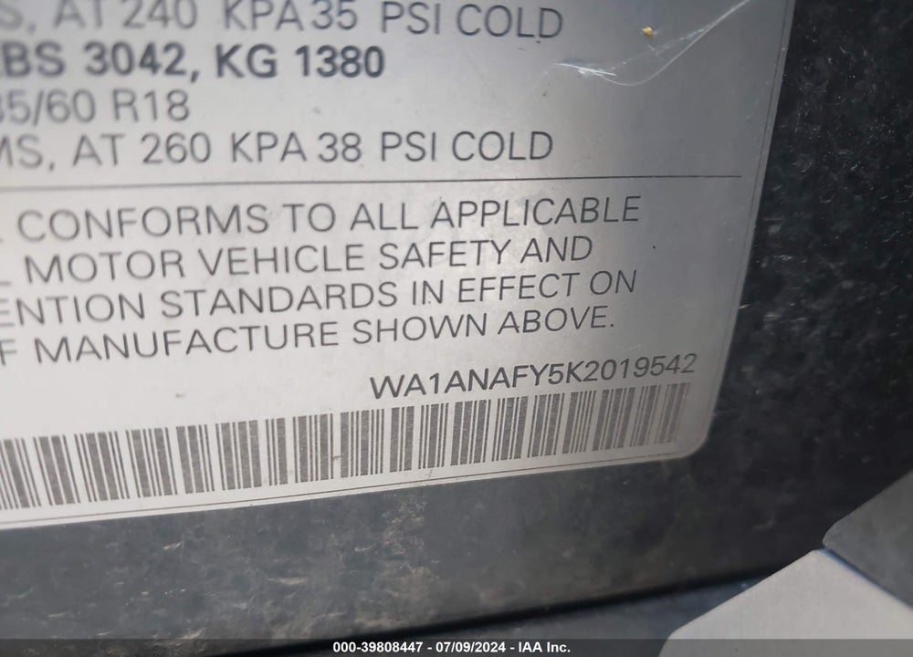 2019 AUDI Q5 45 PREMIUM VIN: WA1ANAFY5K2019542