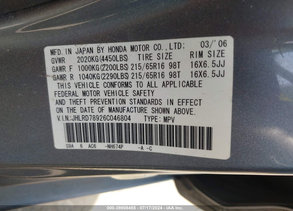 2006 HONDA CR-V SE VIN: JHLRD78926C046804