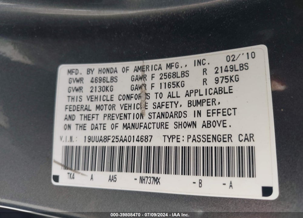 2010 ACURA TL VIN: 19UUA8F25AA014687