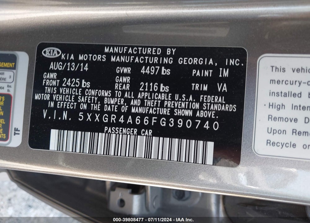 2015 KIA OPTIMA SX TURBO VIN: 5XXGR4A66FG390740