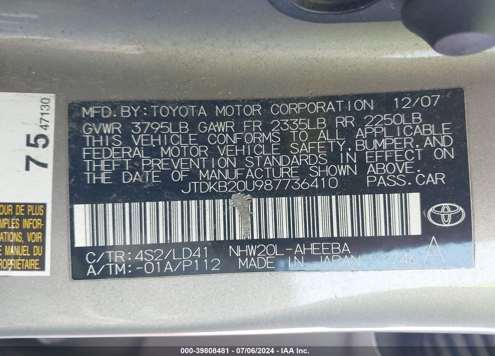 2008 TOYOTA PRIUS VIN: JTDKB20U987736410