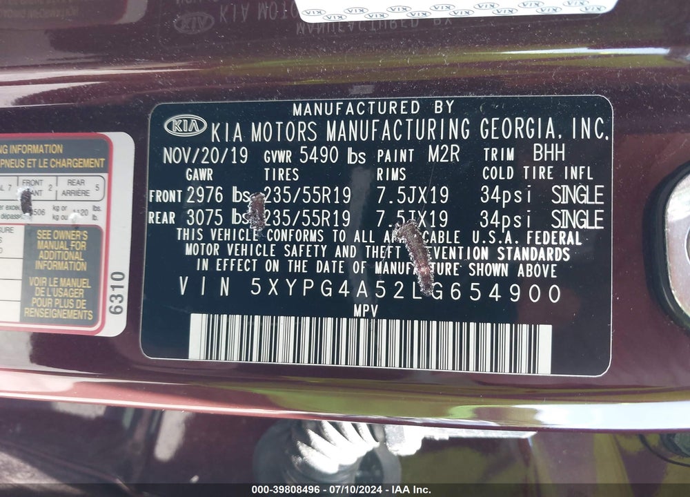 2020 KIA SORENTO 3.3L S VIN: 5XYPG4A52LG654900