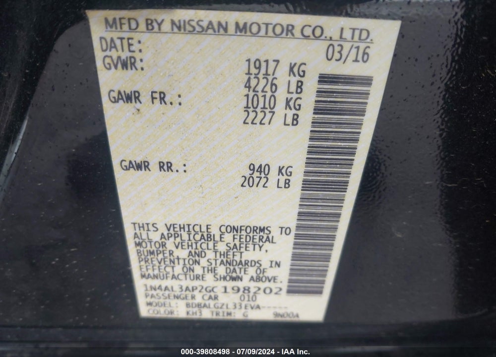 2016 NISSAN ALTIMA 2.5/2.5 S/2.5 SL/2.5 SR/2.5 SV VIN: 1N4AL3AP2GC198202
