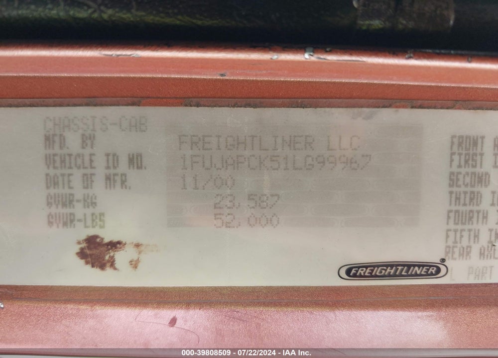 2001 FREIGHTLINER FLD132 XL FLD132 XL CLASSIC VIN: 1FUJAPCK51LG99967