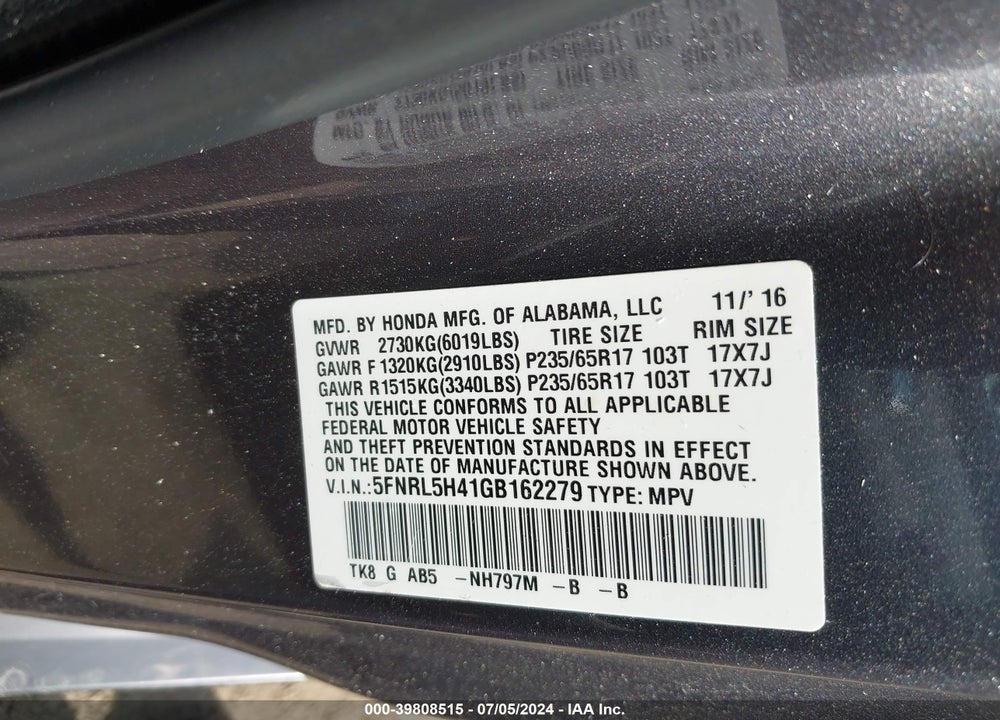 2016 HONDA ODYSSEY EX VIN: 5FNRL5H41GB162279