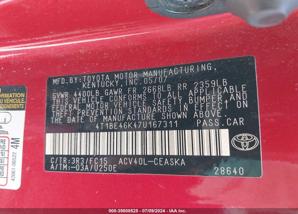 2007 TOYOTA CAMRY SE VIN: 4T1BE46K47U167311