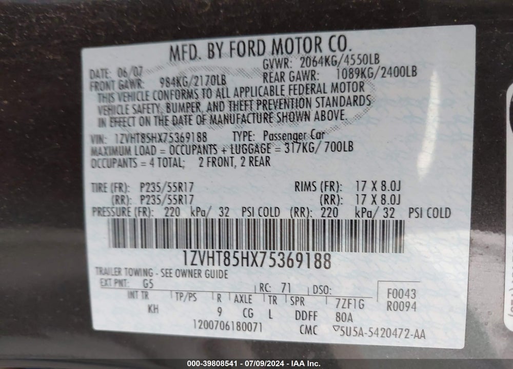 2007 FORD MUSTANG GT DELUXE/GT PREMIUM VIN: 1ZVHT85HX75369188