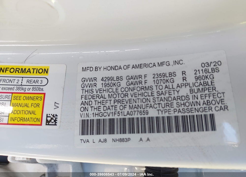 2020 HONDA ACCORD EX-L VIN: 1HGCV1F51LA077659