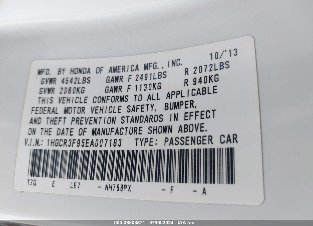 2014 HONDA ACCORD TOURING VIN: 1HGCR3F95EA007183