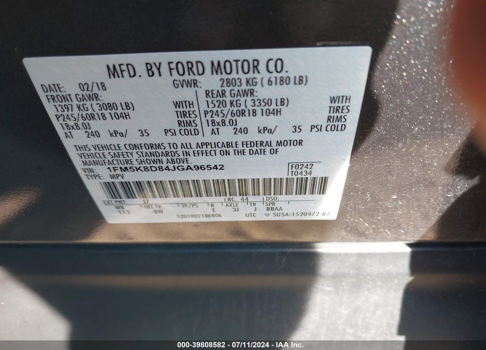 2018 FORD EXPLORER XLT VIN: 1FM5K8D84JGA96542