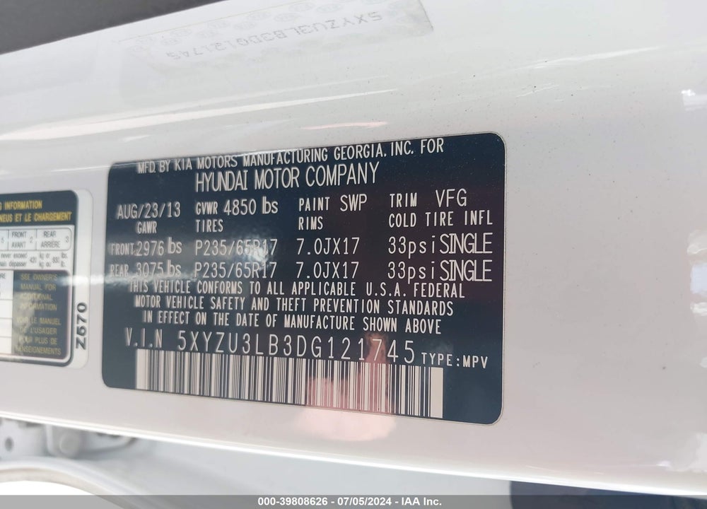 2013 HYUNDAI SANTA FE SPORT VIN: 5XYZU3LB3DG121745