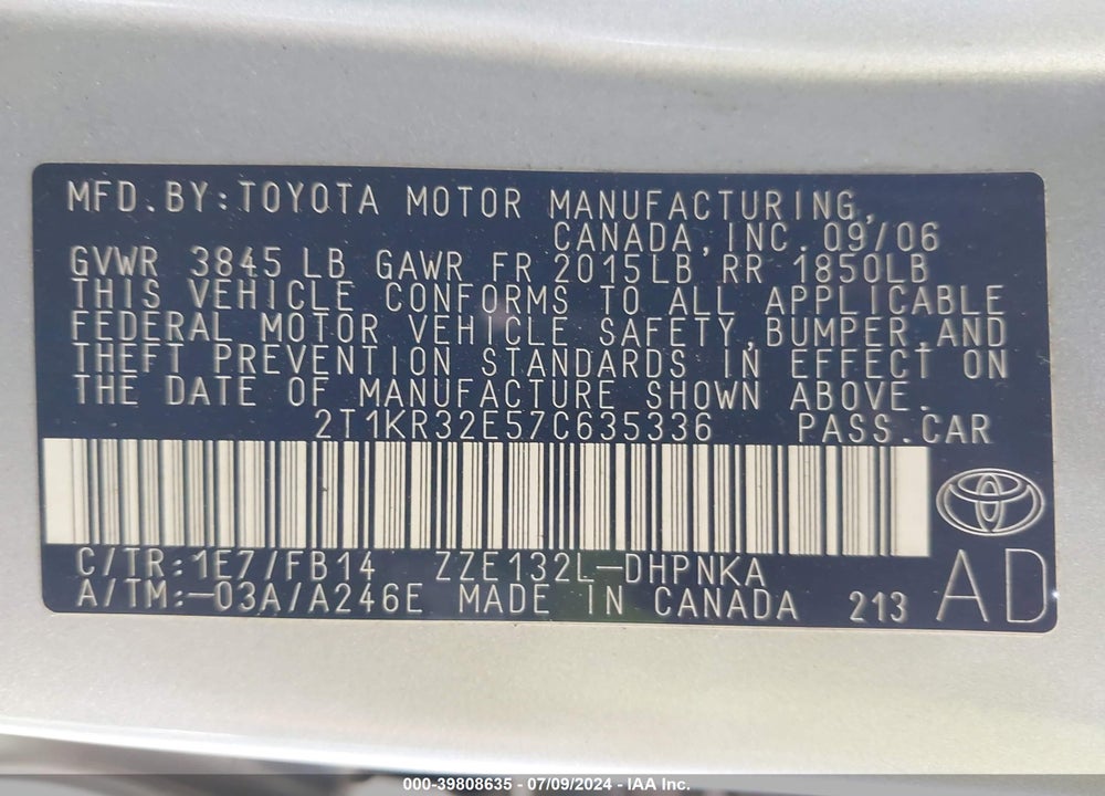 2007 TOYOTA MATRIX/XR VIN: 2T1KR32E57C635336