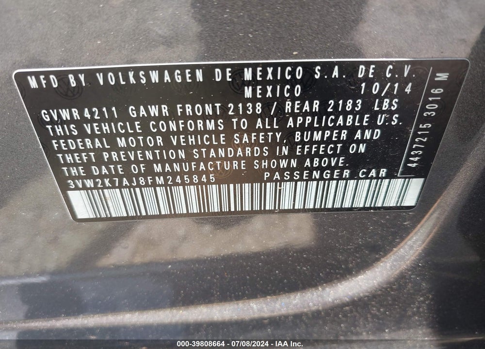 2015 VOLKSWAGEN JETTA 2.0L S VIN: 3VW2K7AJ8FM245845