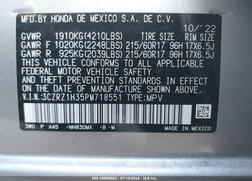 2023 HONDA HR-V 2WD LX VIN: 3CZRZ1H35PM718551