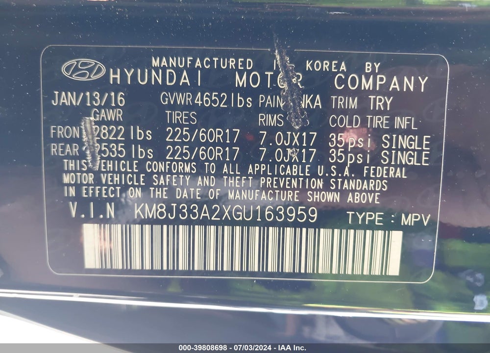 2016 HYUNDAI TUCSON ECO VIN: KM8J33A2XGU163959
