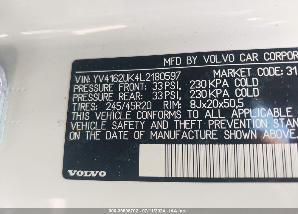 2020 VOLVO XC40 T5 MOMENTUM VIN: YV4162UK4L2180597