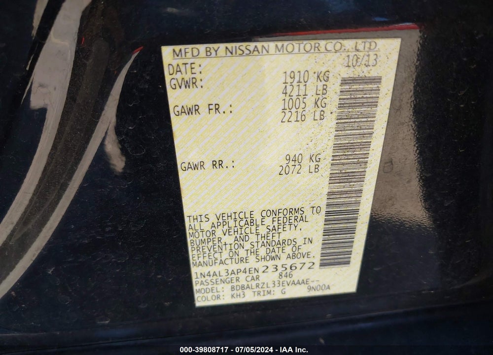2014 NISSAN ALTIMA 2.5 S VIN: 1N4AL3AP4EN235672