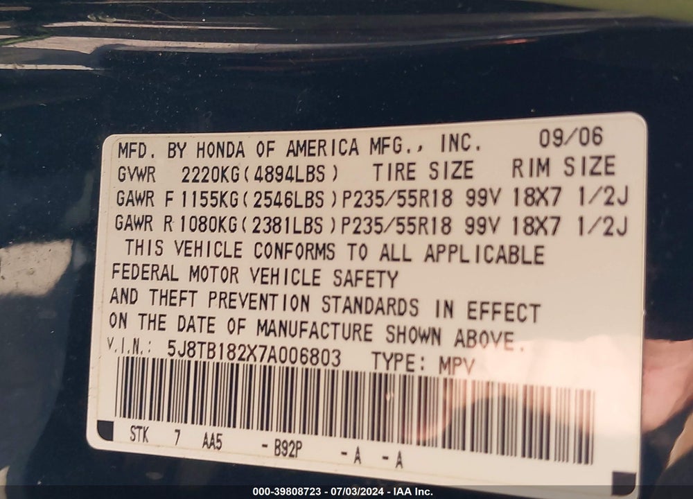 2007 ACURA RDX VIN: 5J8TB182X7A006803
