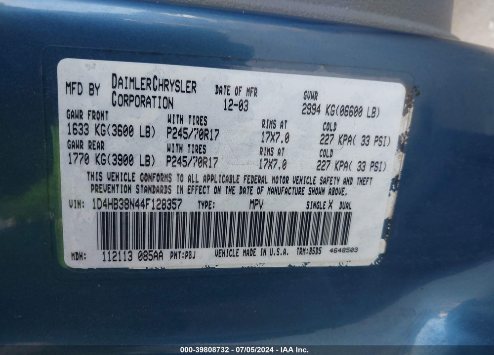 2004 DODGE DURANGO ST VIN: 1D4HB38N44F128357