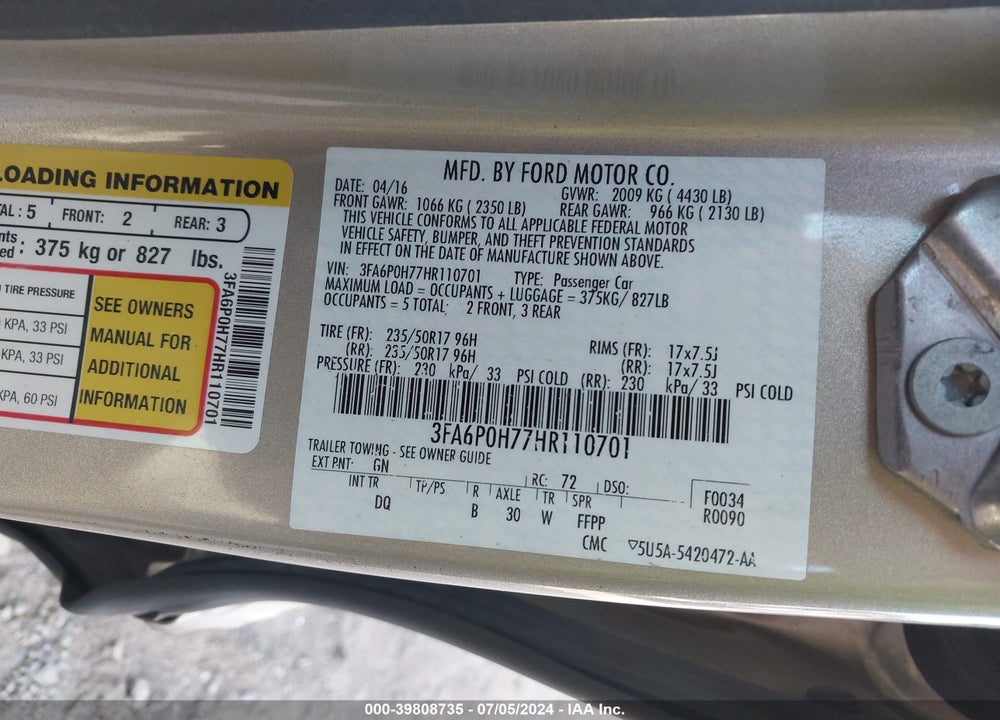 2017 FORD FUSION SE VIN: 3FA6P0H77HR110701