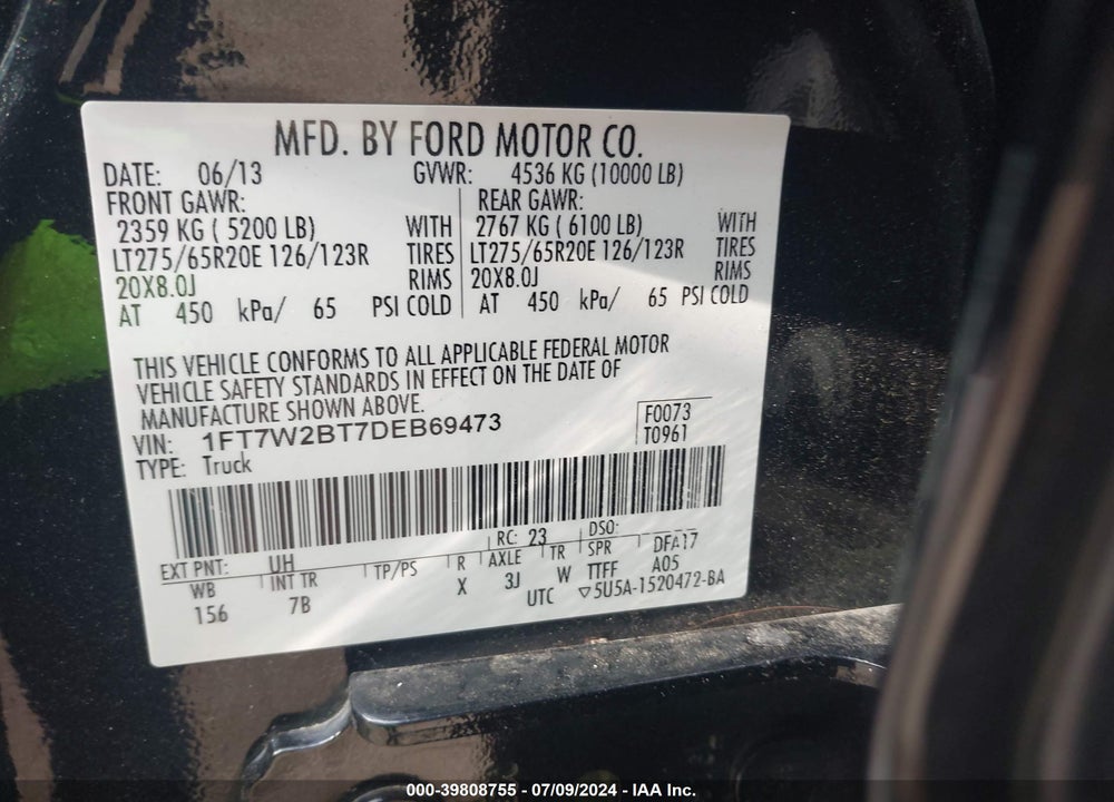 2013 FORD F-250 LARIAT VIN: 1FT7W2BT7DEB69473