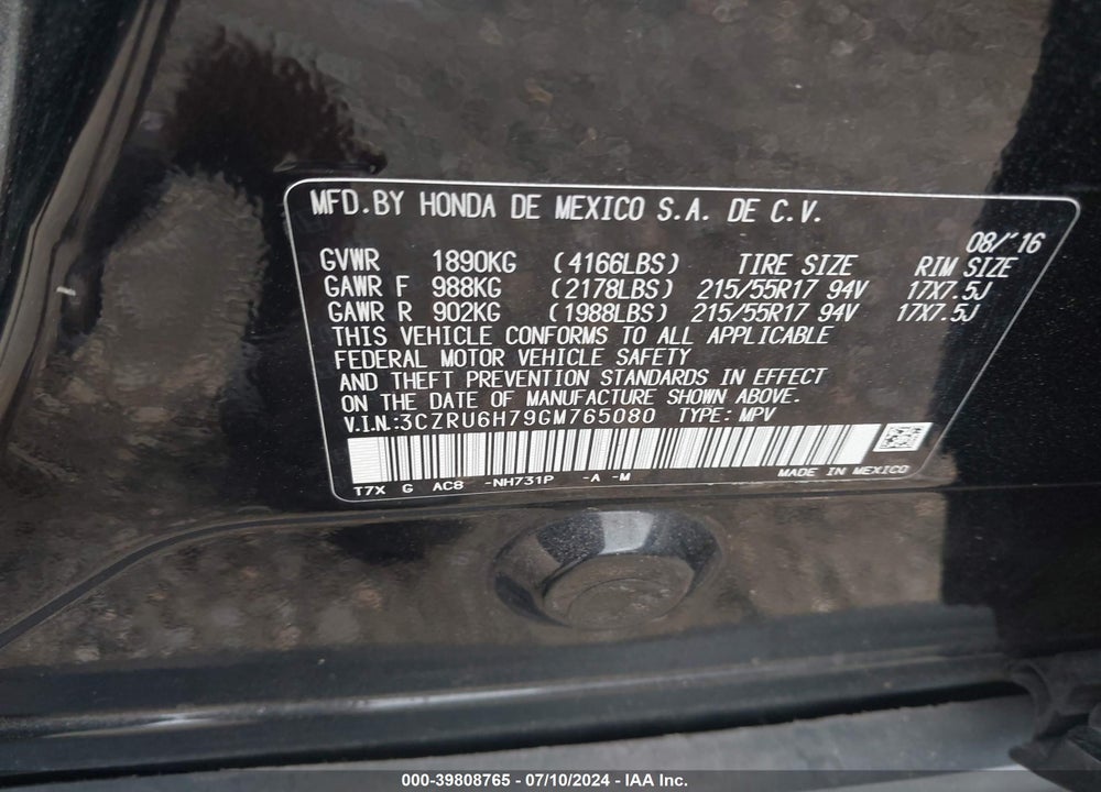 2016 HONDA HR-V EX-L VIN: 3CZRU6H79GM765080
