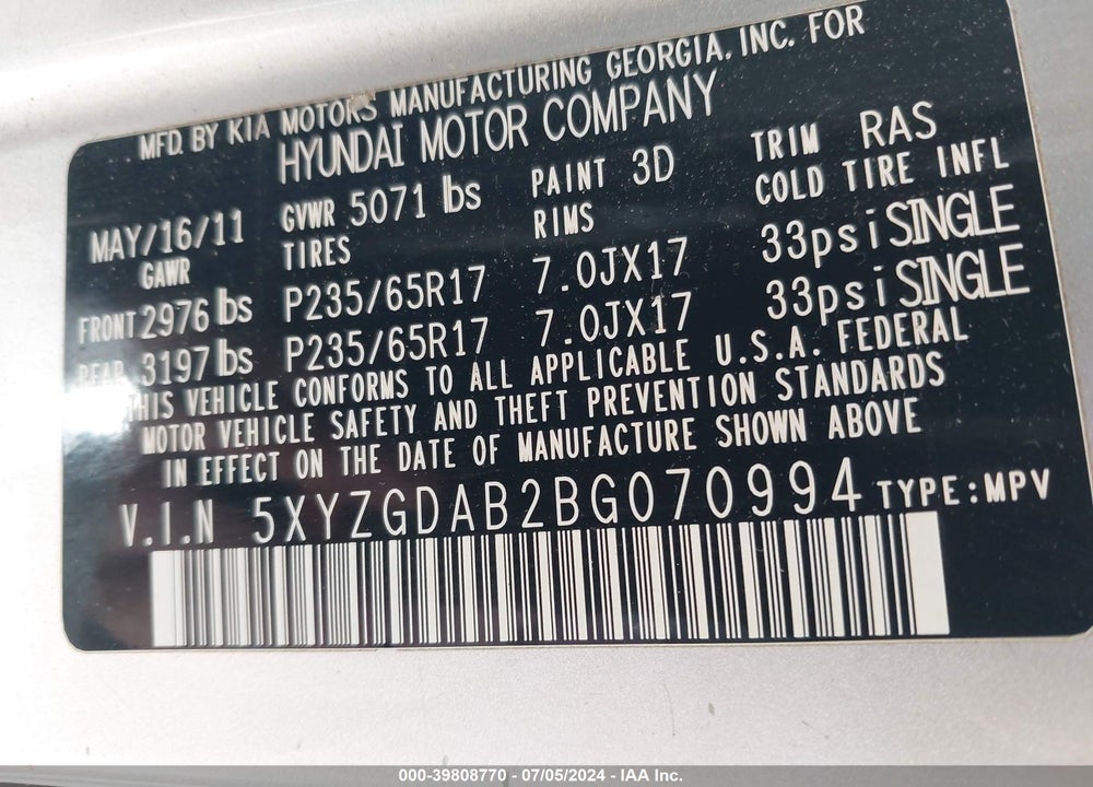 2011 HYUNDAI SANTA FE GLS VIN: 5XYZGDAB2BG070994