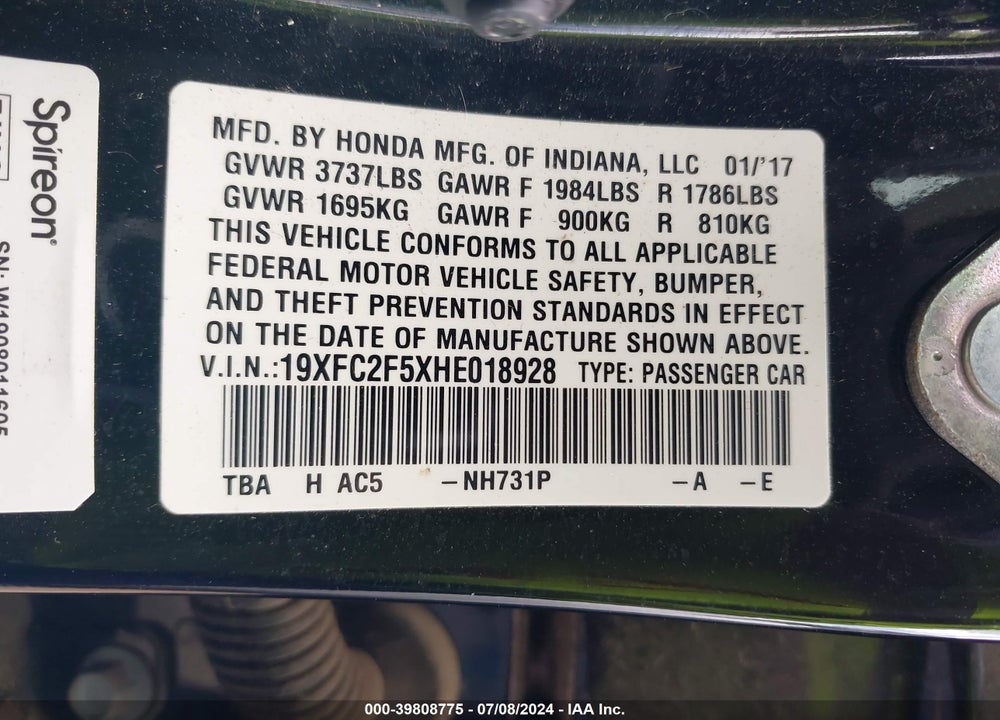 2017 HONDA CIVIC LX VIN: 19XFC2F5XHE018928