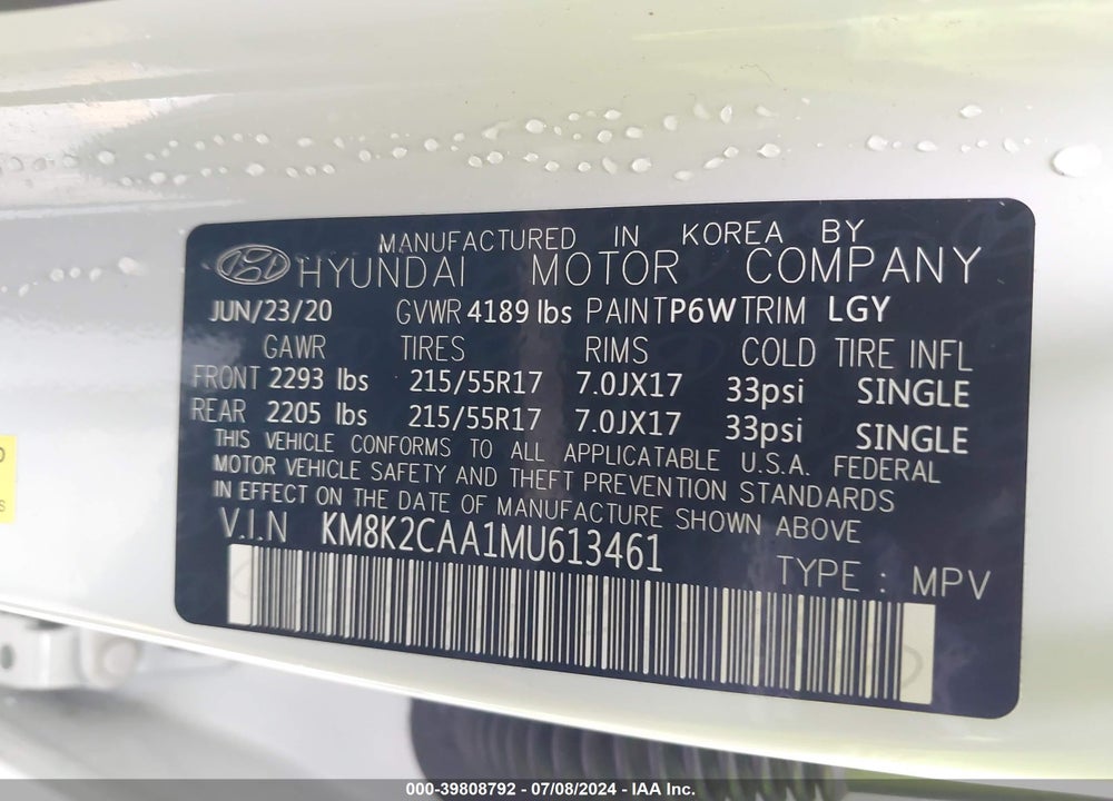2021 HYUNDAI KONA SEL VIN: KM8K2CAA1MU613461