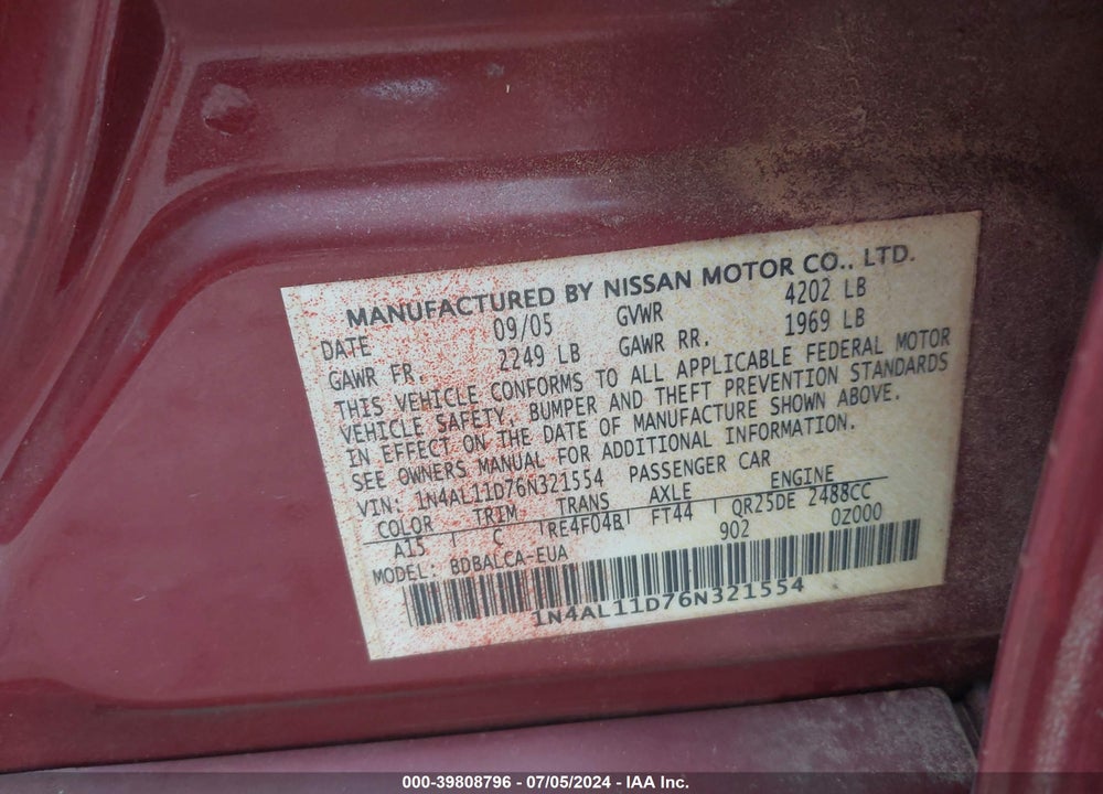 2006 NISSAN ALTIMA 2.5 S VIN: 1N4AL11D76N321554