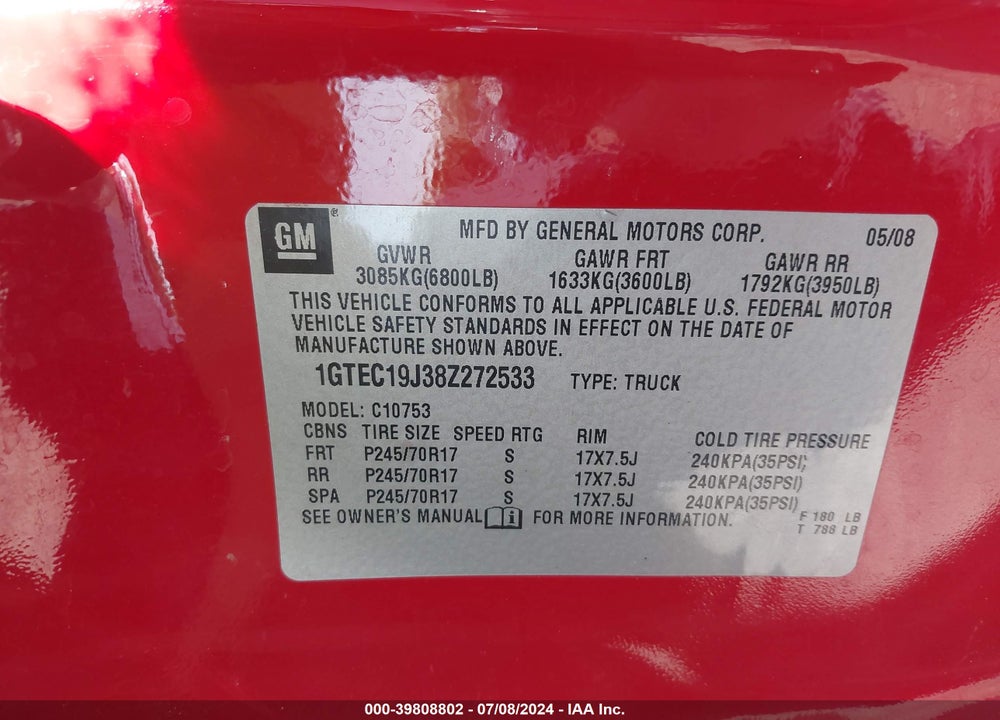 2008 GMC SIERRA 1500 WORK TRUCK VIN: 1GTEC19J38Z272533